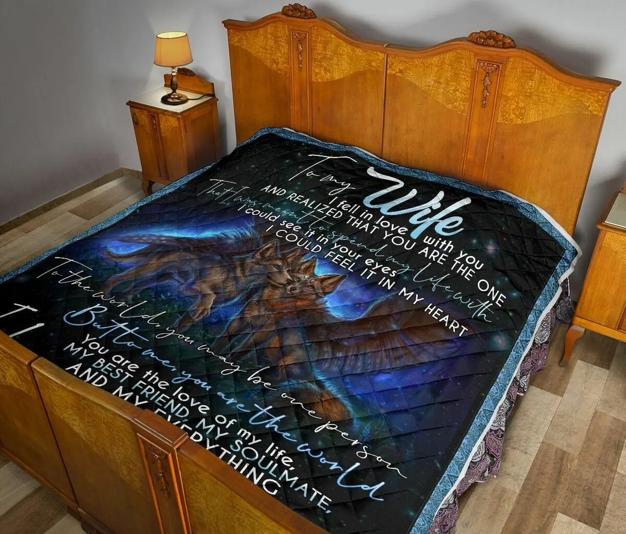 Personalized Wolf Couple To My Wife From Husband I Fell In Love With You Quilt Great Customized Gifts For Birthday Christmas Thanksgiving MotherS Day and Home Decor