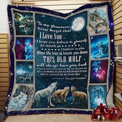 Personalized Wolf To My Grandson Quilt Blanket From Grandma You Will Always Be My Baby Boy Great Customized Blanket Gifts For Birthday Christmas Thanksgiving and Home Decor