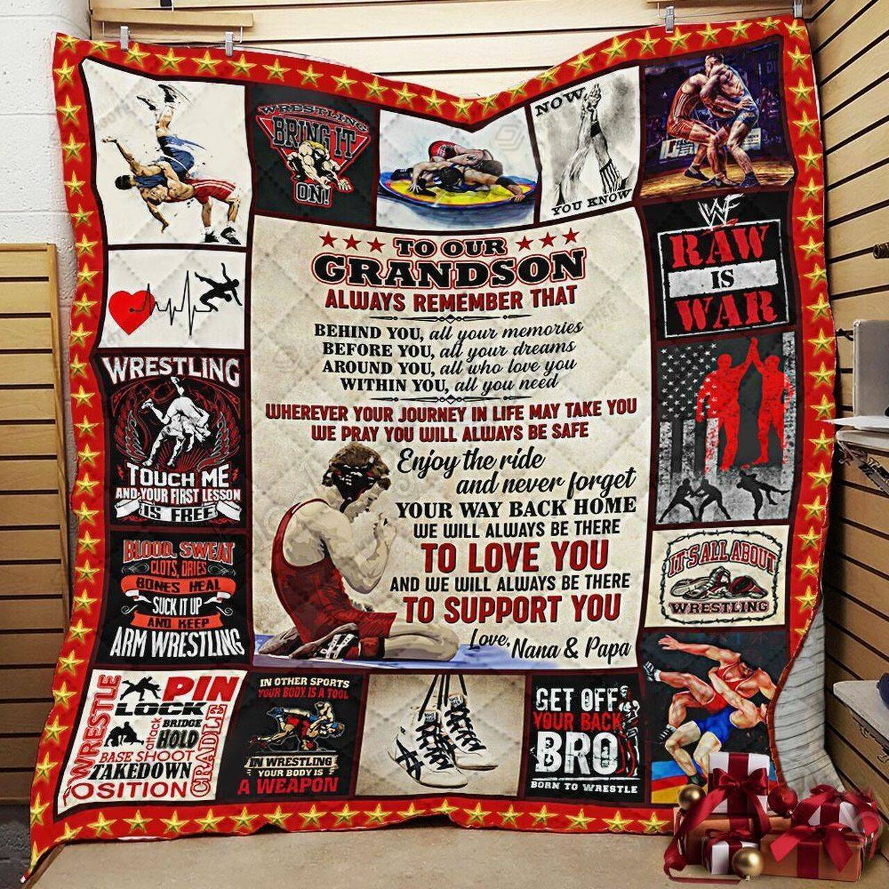 Personalized Wrestling To My Grandson From Grandma Grandpa Never Forget Your Way Back Home Quilt Blanket Great Customized Gifts For Birthday Christmas Thanksgiving and Home Decor