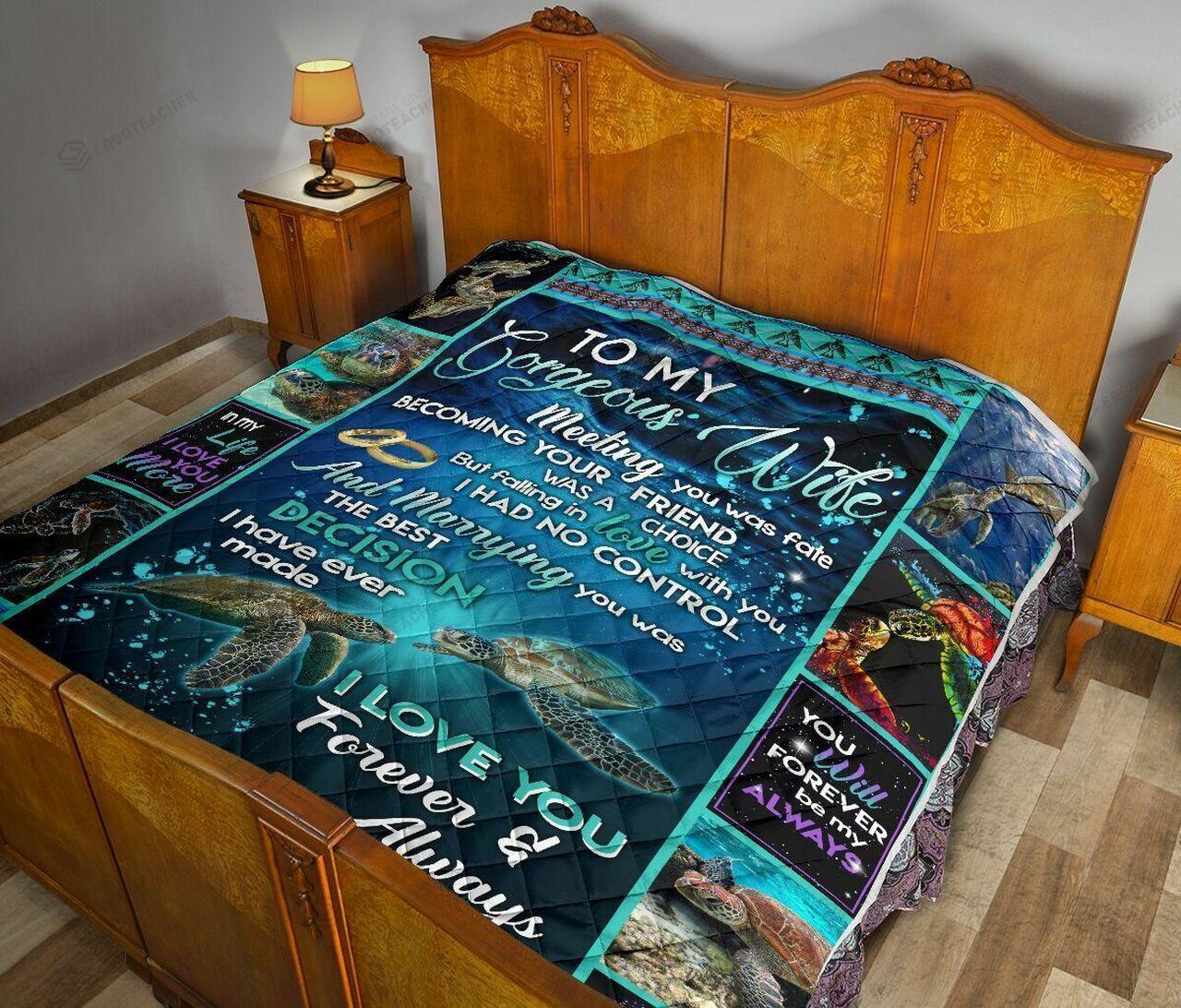 Personalzed Sea Turtle Couple To My Gorgeous Wife From Husband Forever Be My Always Quilt Great Customized Gifts For Birthday Christmas Thanksgiving MotherS Day and Home Decor
