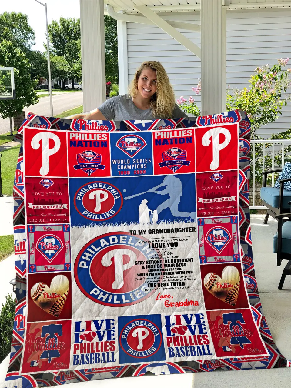 Philadelphia Phillies To My Granddaughter Love Grandmom Personalized Custom Name Quilt Blanket and Home Decor