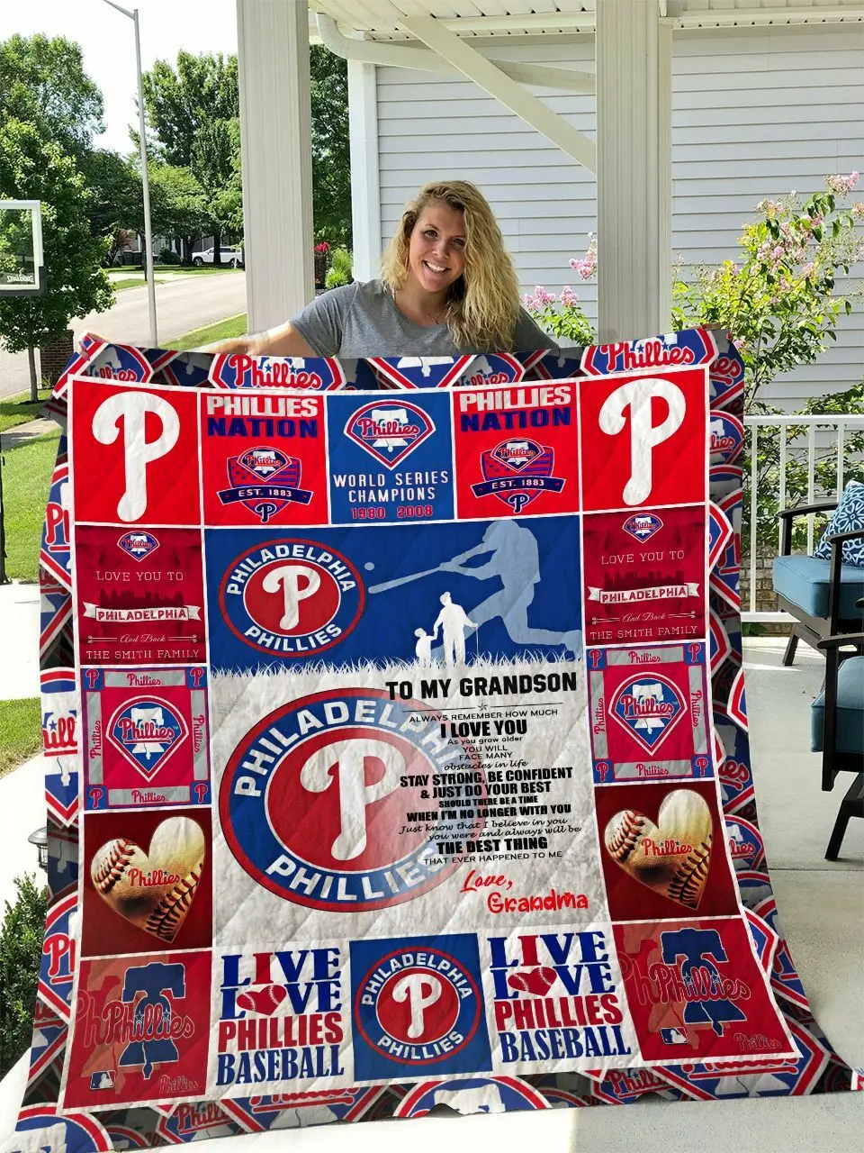 Philadelphia Phillies To My Grandson Love Grandmom Personalized Custom Name Quilt Blanket and Home Decor