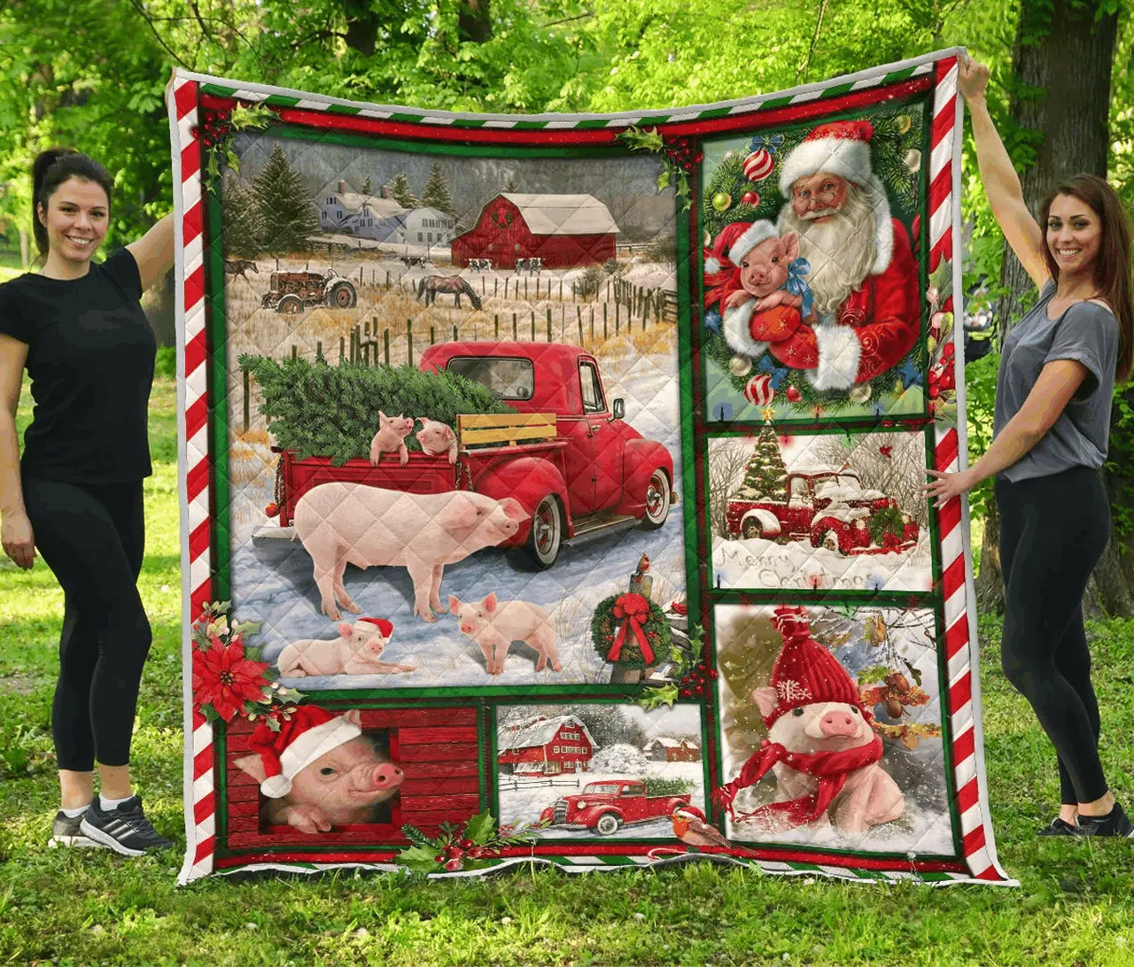 Pig Red Truck Christmas Quilt Blanket and Home Decor