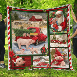 Pig Red Truck Christmas Quilt Blanket and Home Decor