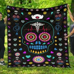 Premium Skull Nurse Christmas Quilt Gift Home Decor  Quilt and Home Decor