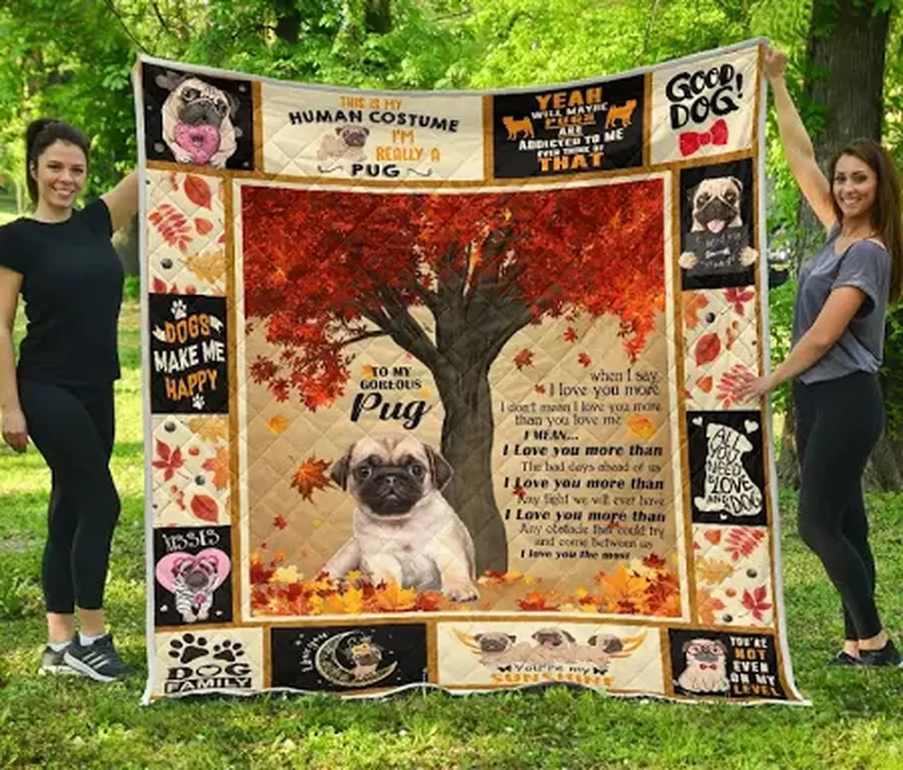 Pug Pug Under Autumn Tree Premium Quilt Blanket and Home Decor
