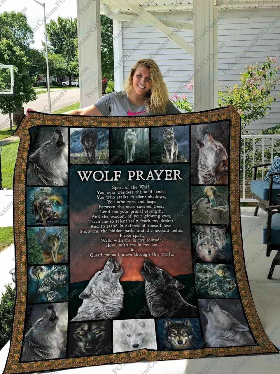 Qd Wolf Prayer Quilt Blanket and Home Decor