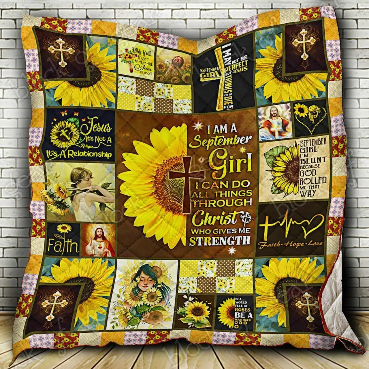 September Girl Jesus Sunflower Quilt Blanket and Home Decor