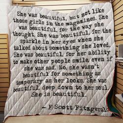 She Was Beautiful  Fitzgerald Quote Throw Quilt Blanket and Home Decor