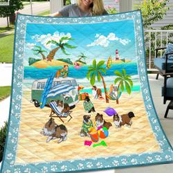 Shetland Sheepdog Going Camping On The Beach Quilt  Quilt and Home Decor