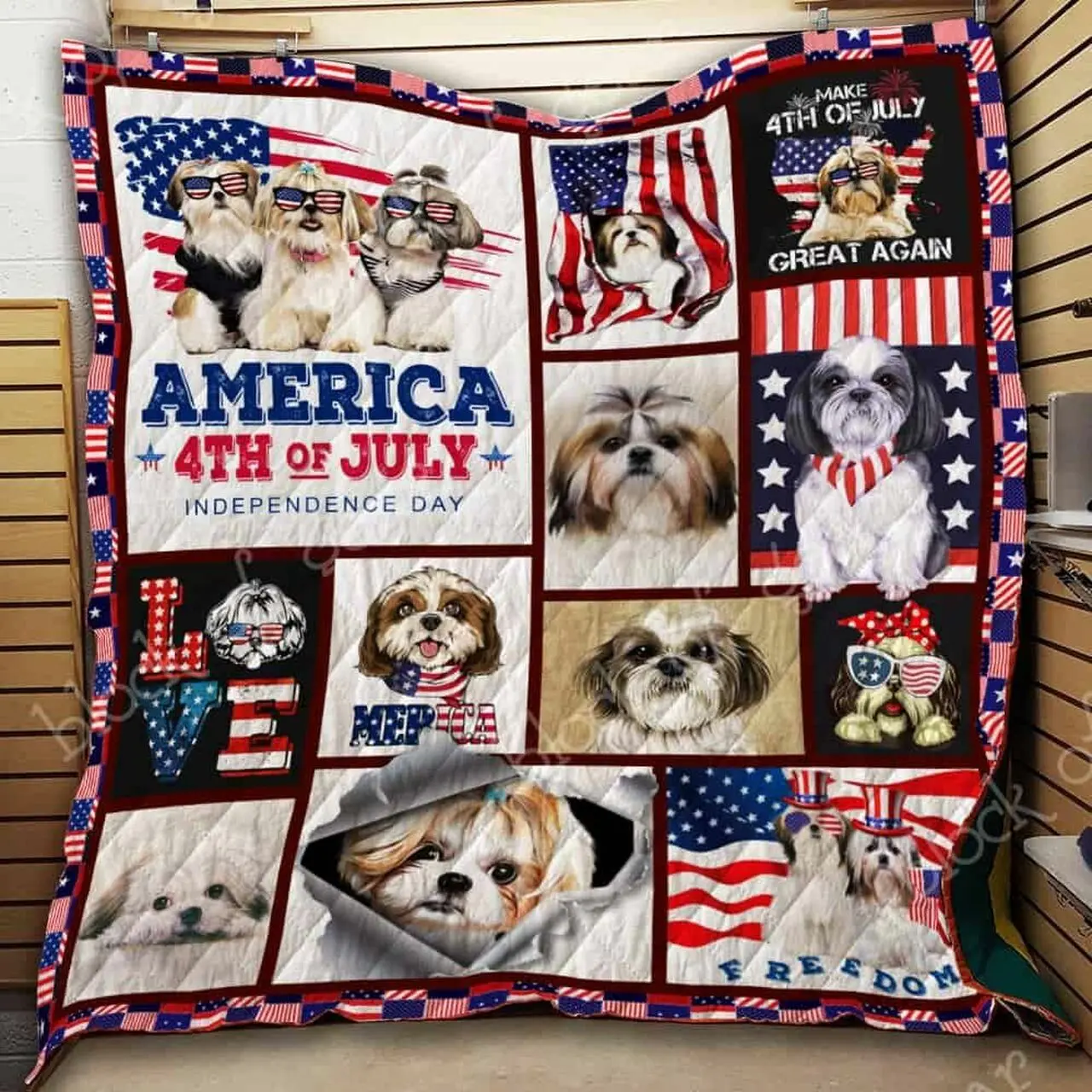 Shih Tzu With American Flag Cl2100448Mdq Quilt Blanket and Home Decor