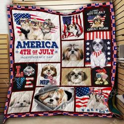 Shih Tzu With American Flag Cl2100448Mdq Quilt Blanket and Home Decor