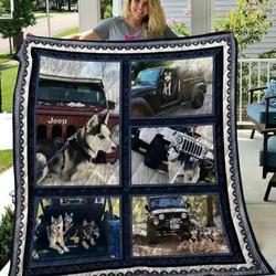 Siberian Husky With The Jeep Quilt Blanket Great Customized Blanket Gifts For Birthday Christmas Thanksgiving and Home Decor