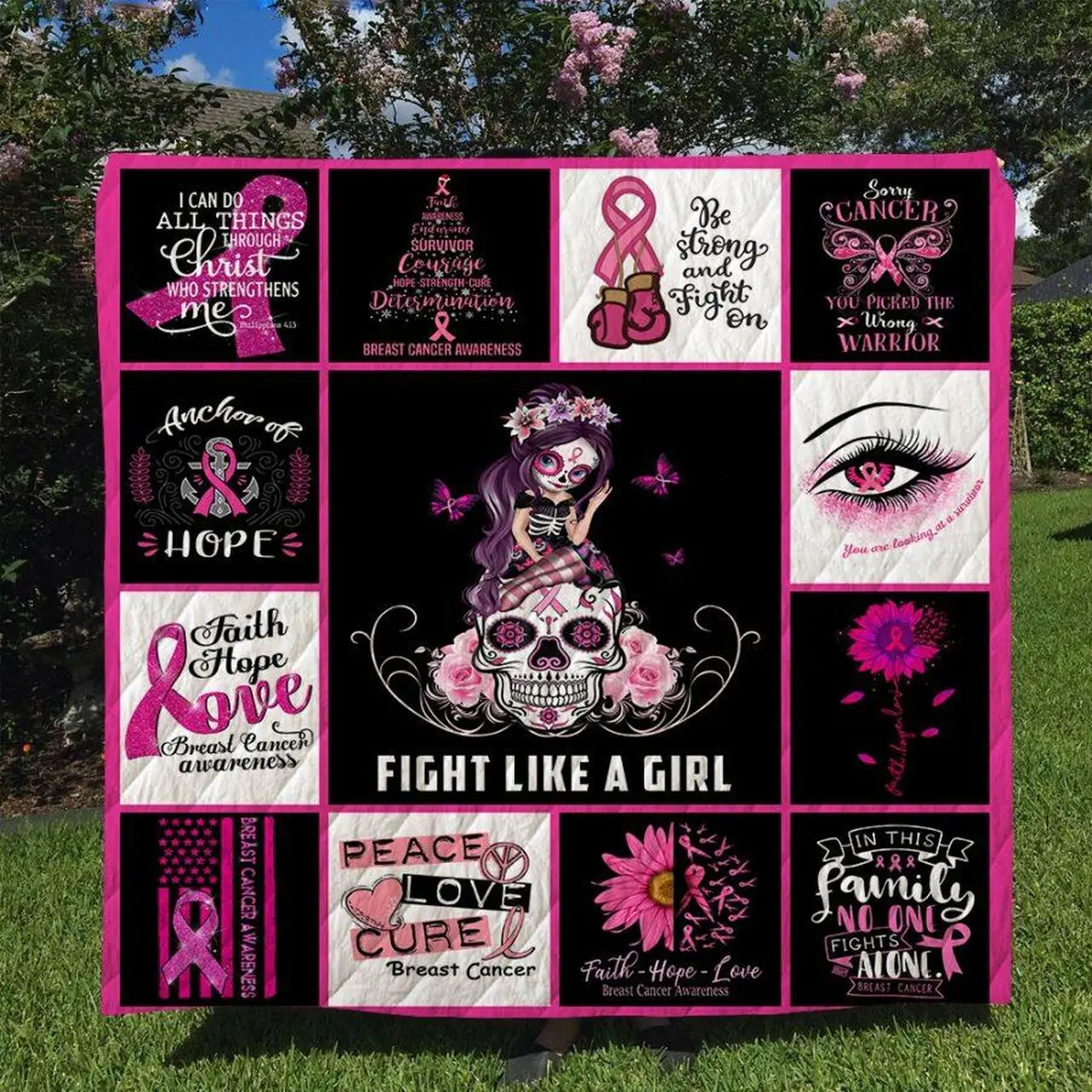 Skull Gift Sugar Skull Girl Breast Cancer Awareness Quilt and Home Decor
