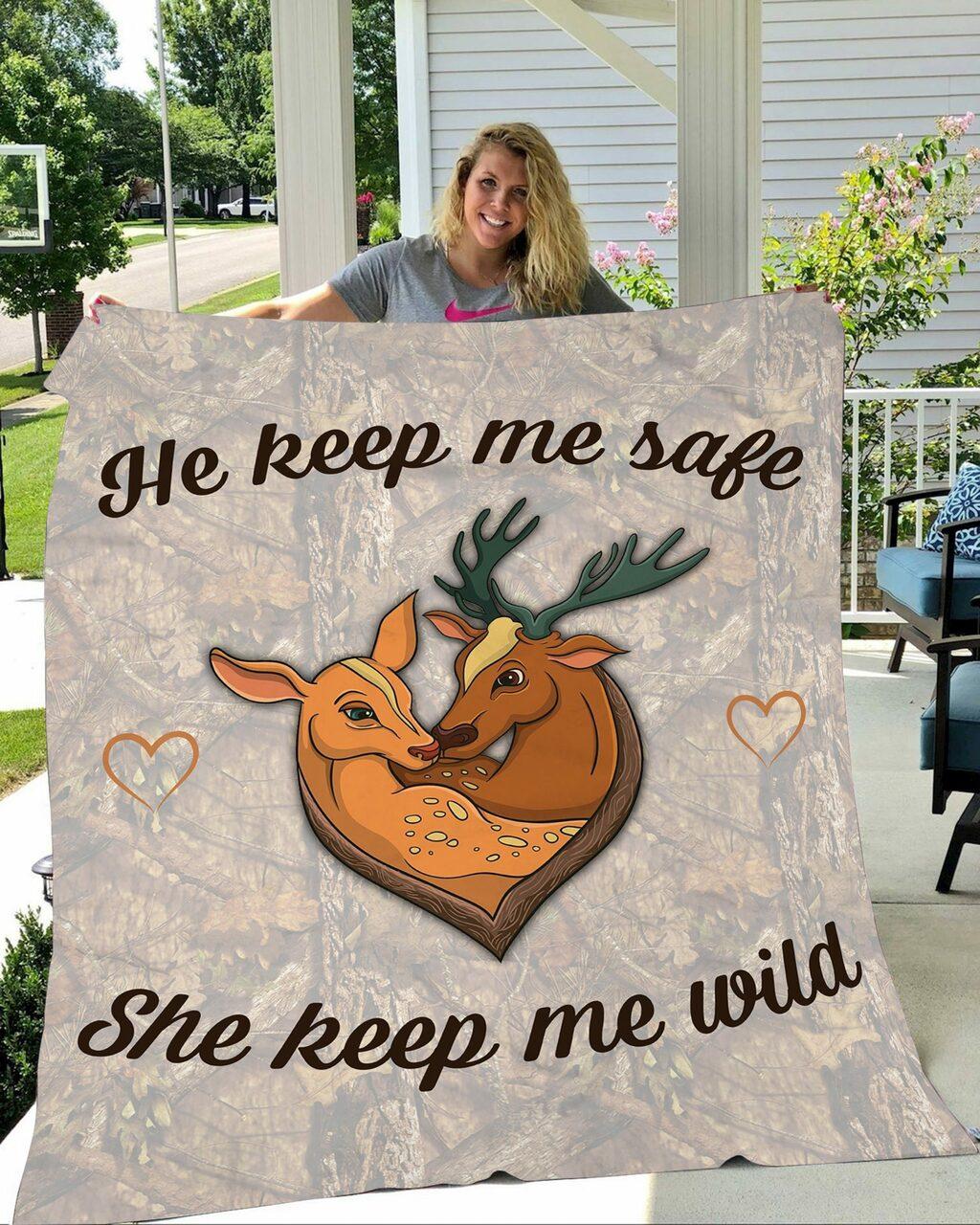 Soft Throw Beautiful Deer Quilt, Gift For Deer Hunter, He Keep Me Safe She Keep Me Wild Premium Quilt and Home Decor