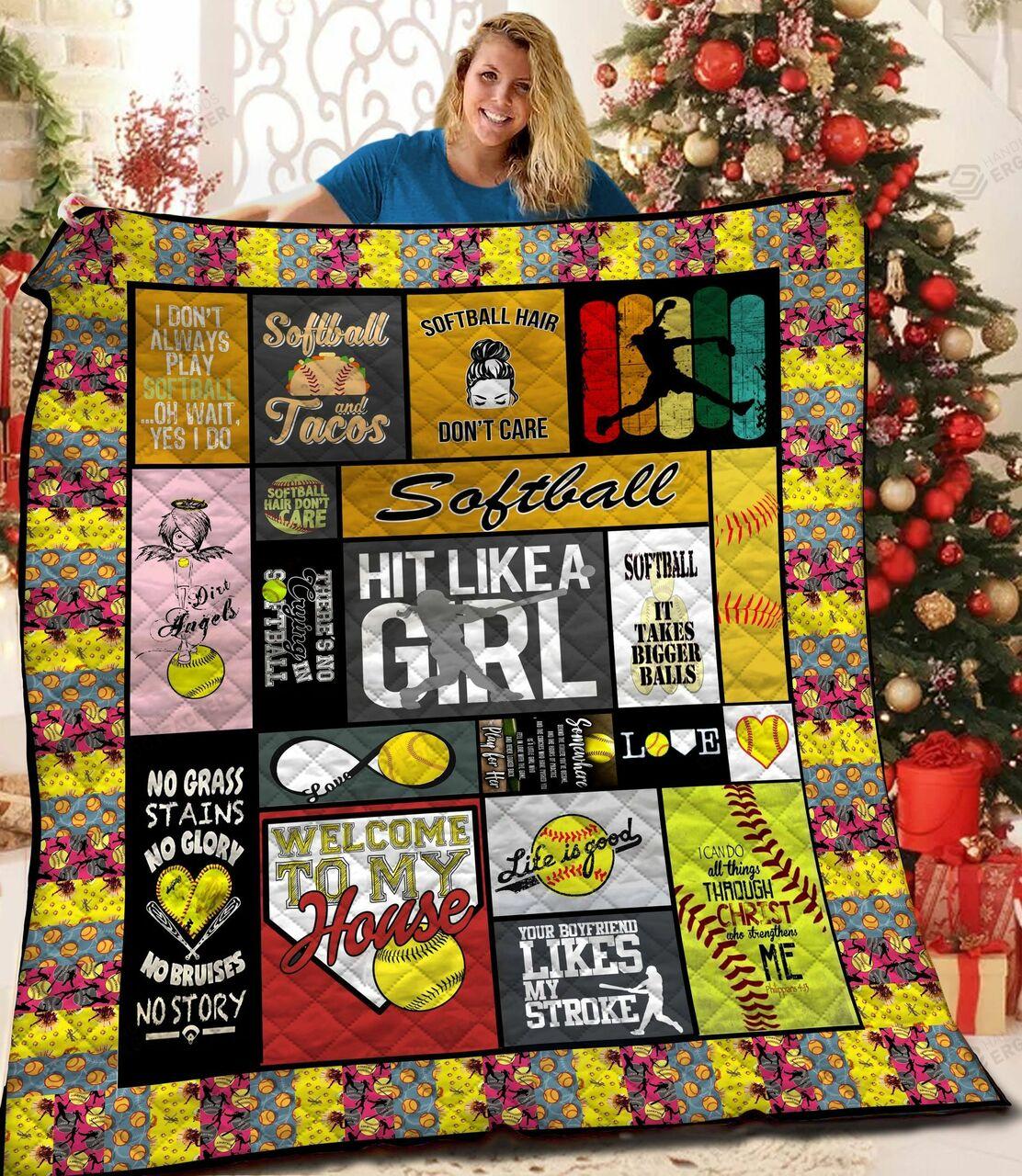 Softball Hit Like A Girl Quilt Blanket Great Customized Blanket Gifts For Birthday Christmas Thanksgiving and Home Decor