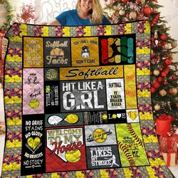 Softball Hit Like A Girl Quilt Blanket Great Customized Blanket Gifts For Birthday Christmas Thanksgiving and Home Decor