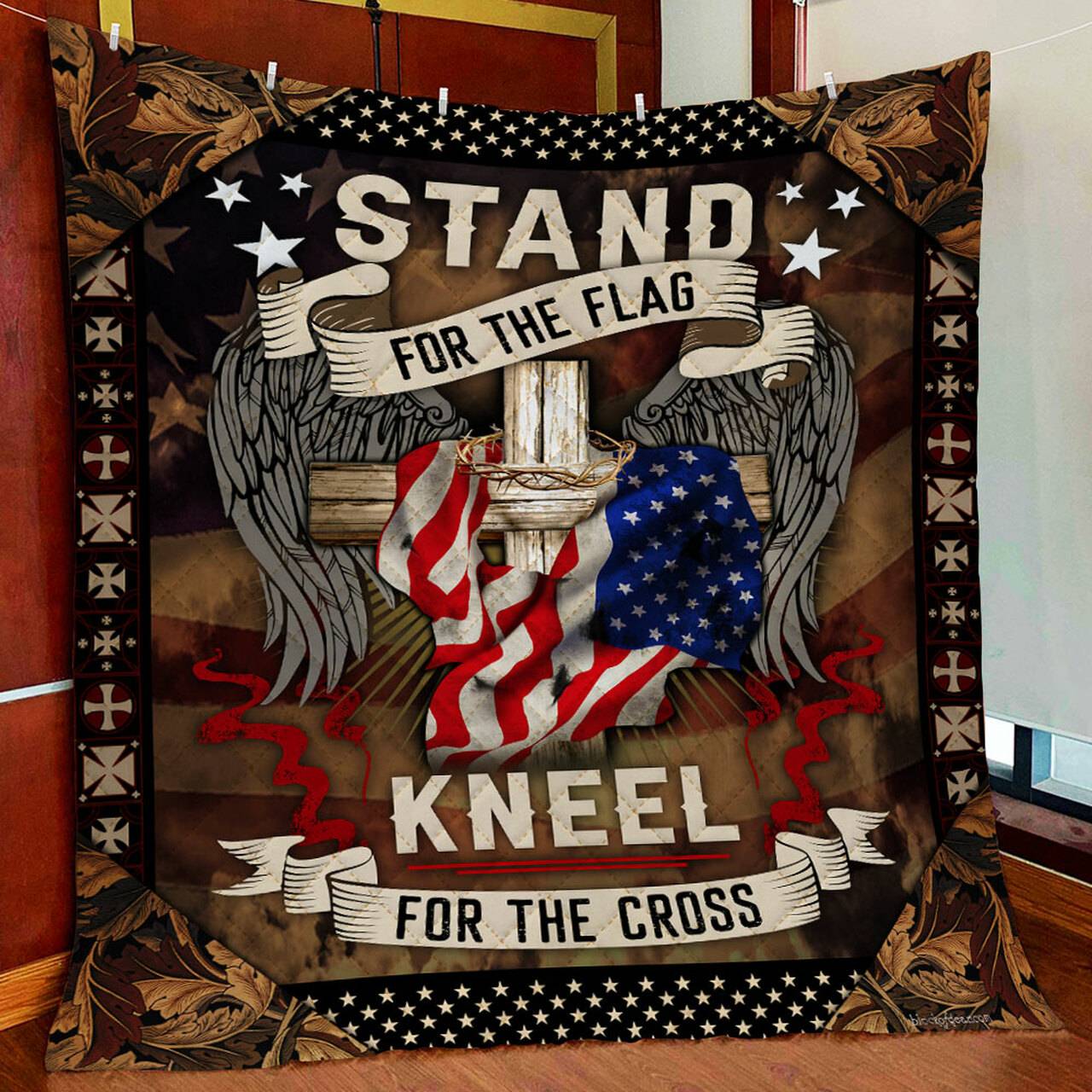 Stand For The Flag Kneel For The Cross Quilt Blanket and Home Decor