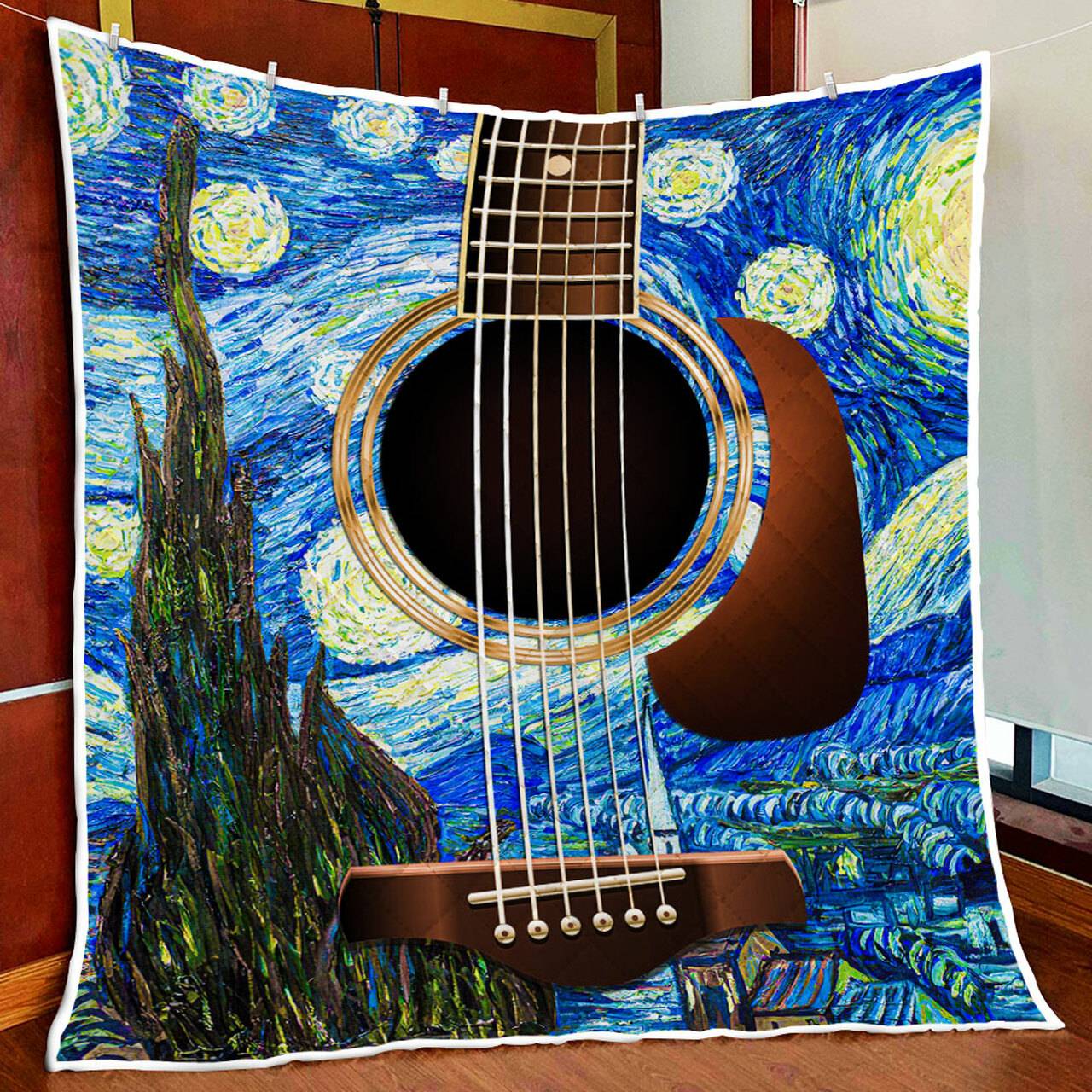 Starry Night Guitar Quilt Blanket and Home Decor