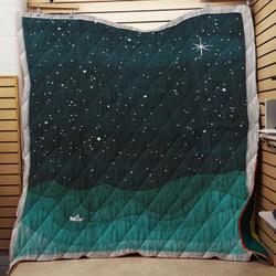 Starry Ocean  Teal Sailboat Watercolor Sea Waves Night Throw Quilt Blanket and Home Decor