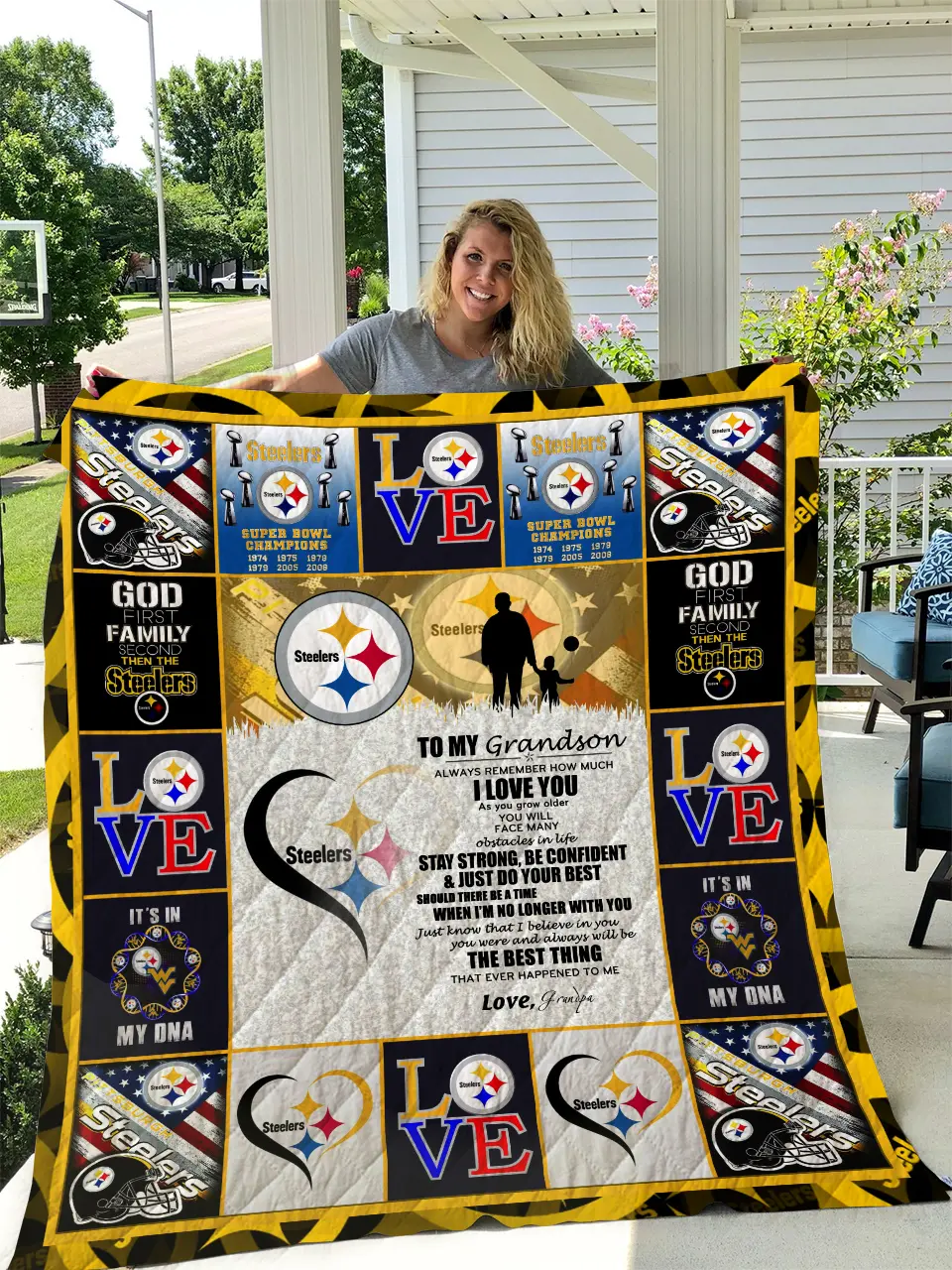 Steelers - To My Grandson - Love Grandpa Quilt and Home Decor
