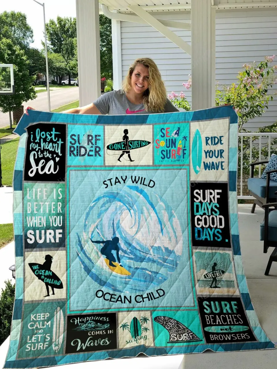 Surfing Theme Stay Wild Ocean Child Quilt Blanket Great Customized Blanket Gifts For Birthday Christmas Thanksgiving and Home Decor