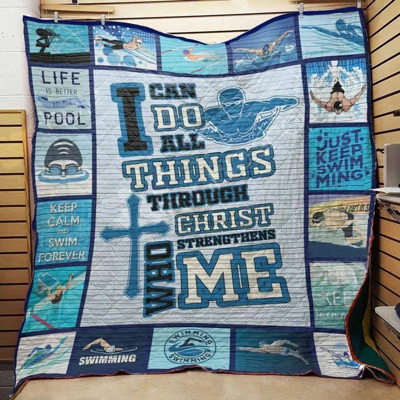 Swimming Christ Who Strengthens Me Quilt Blanket Great Customized Gifts For Birthday Christmas Thanksgiving Perfect Gifts For Swimming Lover and Home Decor