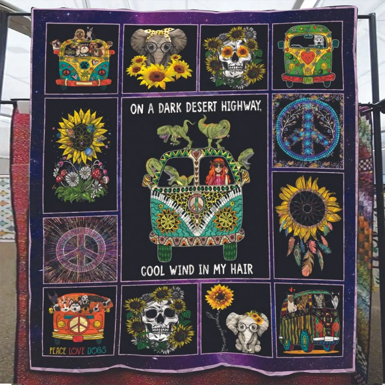 T-Rex On A Dark Desert Highway Cool Wind In My Hair Hippie Girl In Peace Symbol Van Quilt and Home Decor