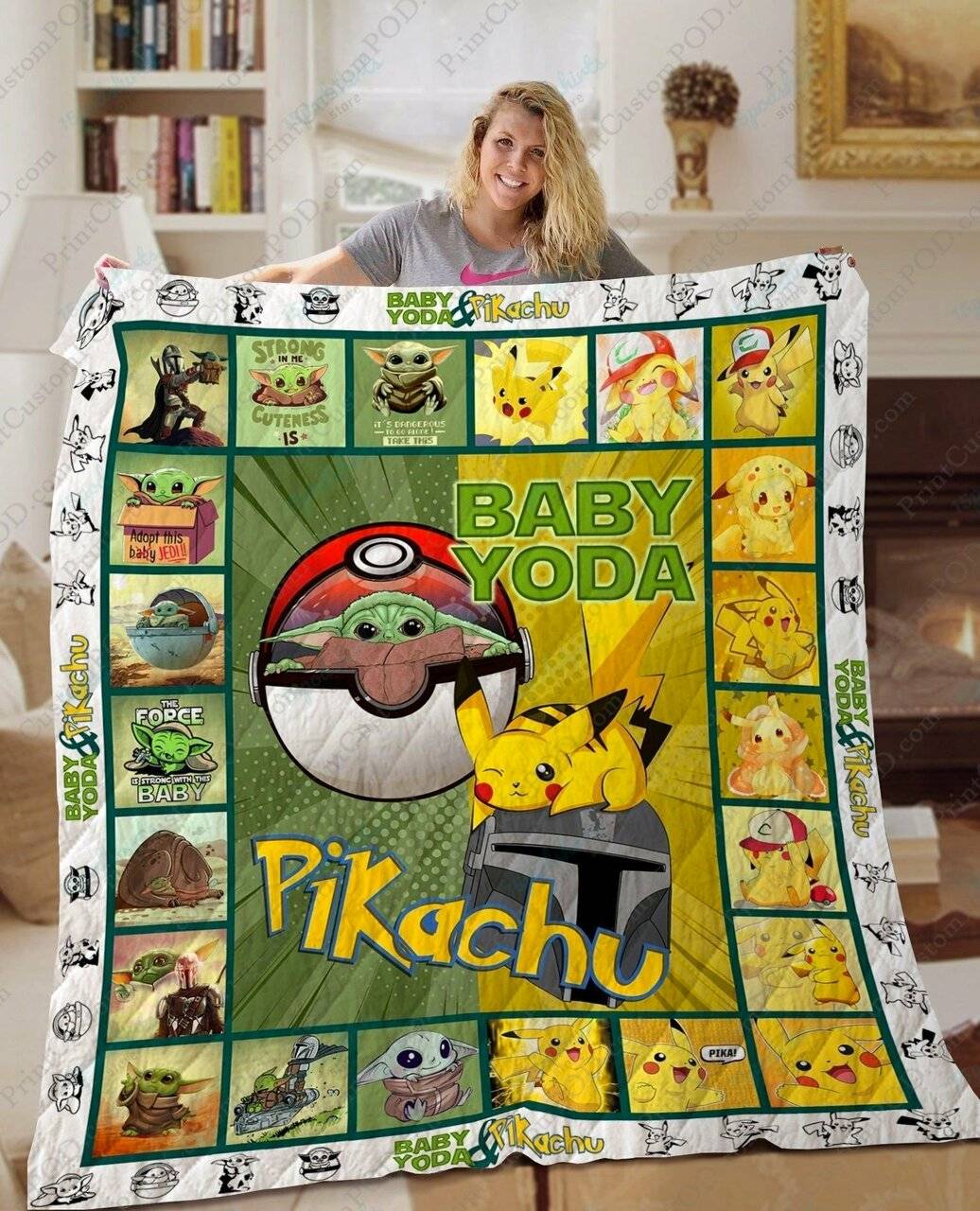 Ta Baby Yoda Pikachu Quilt Blanket and Home Decor