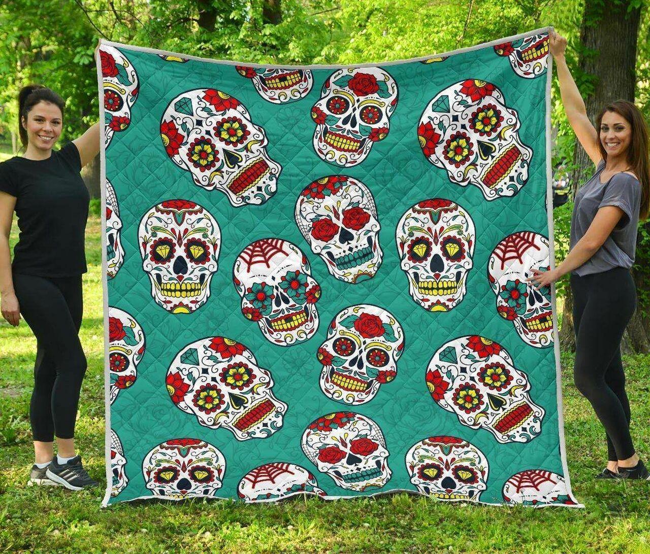 Teal Sugar Skull Cl17100602Mdq Quilt Blanket and Home Decor
