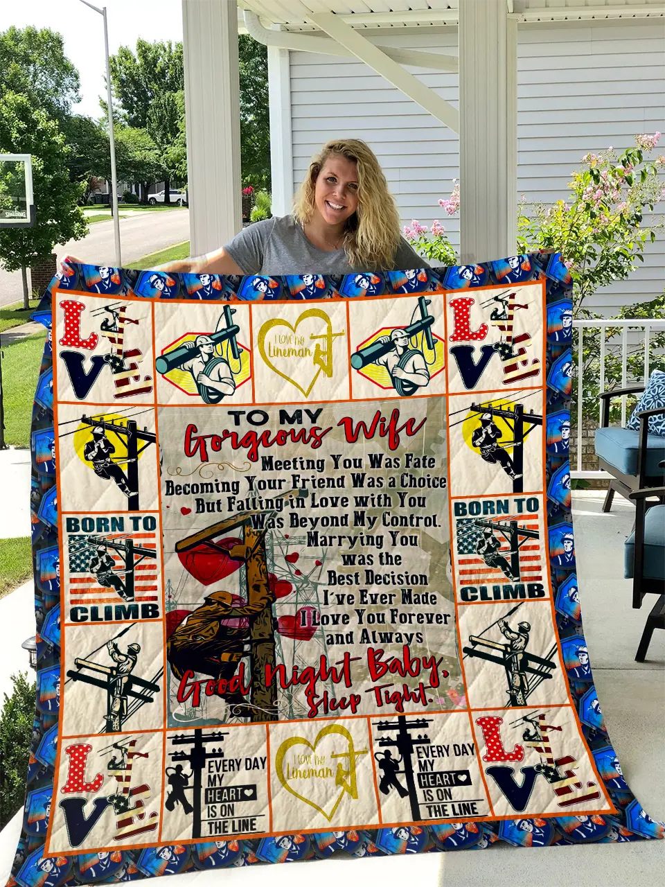 The Lineman To My Wife Love Husband Quilt and Home Decor