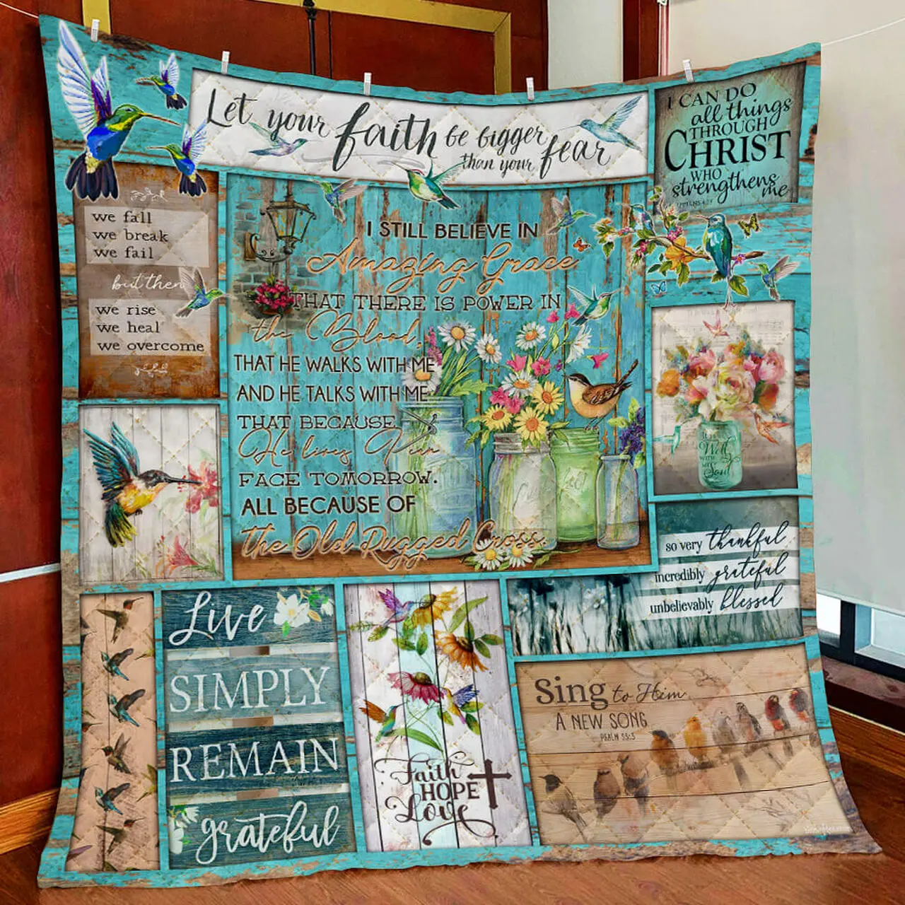 The Old Rugged Cross Hummingbird Quilt Blanket and Home Decor