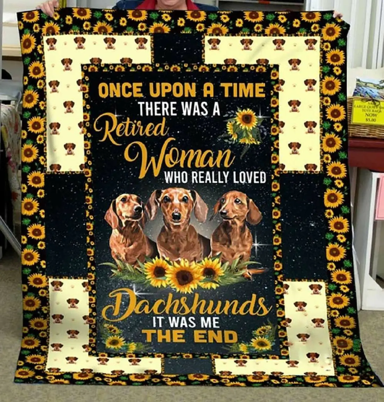 There Was A Retired Woman Who Really Loved Dachshunds Sunflower Quilt Blanket Great Customized Blanket Gifts For Birthday Christmas Thanksgiving and Home Decor