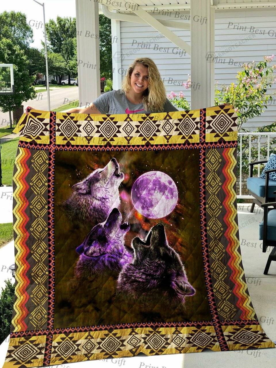 Three Wolves Under The Moon Quilt Blanket Great Customized Blanket Gifts For Birthday Christmas Thanksgiving and Home Decor