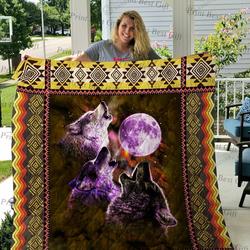 Three Wolves Under The Moon Quilt Blanket Great Customized Blanket Gifts For Birthday Christmas Thanksgiving and Home Decor