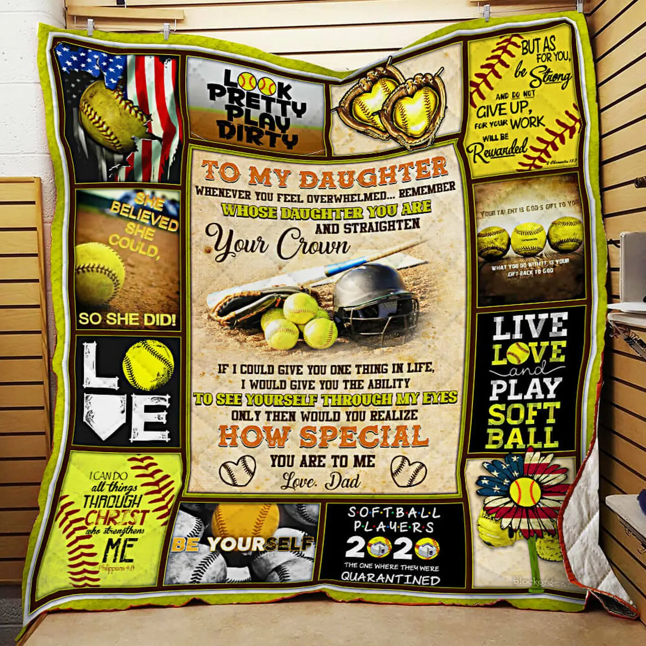 To My Daughter, Remember Whose Daughter You Are And Straighten Your Crown, Love Dad, Softball Quilt Blanket and Home Decor