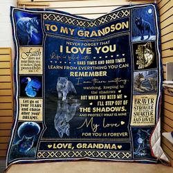 To My Grandson, My Love For You Is Forever, Love Grandma, Wolf Quilt Blanket and Home Decor