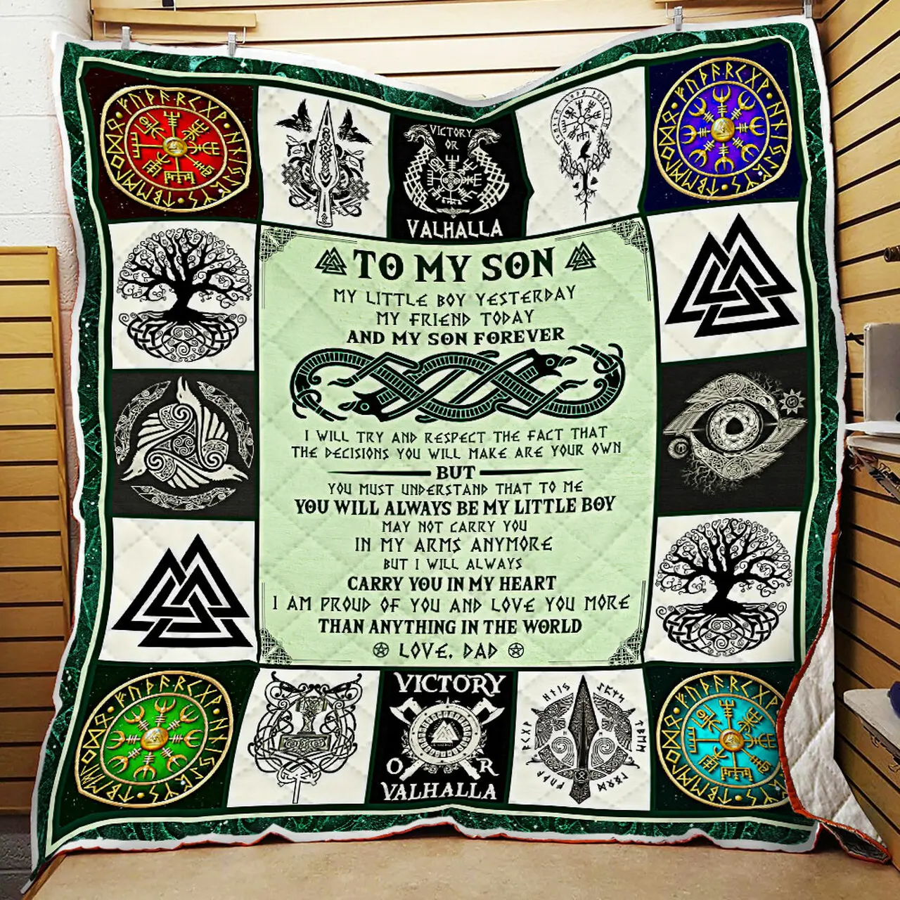 To My Son, My Son Forever, Love Dad, Viking Quilt Blanket and Home Decor