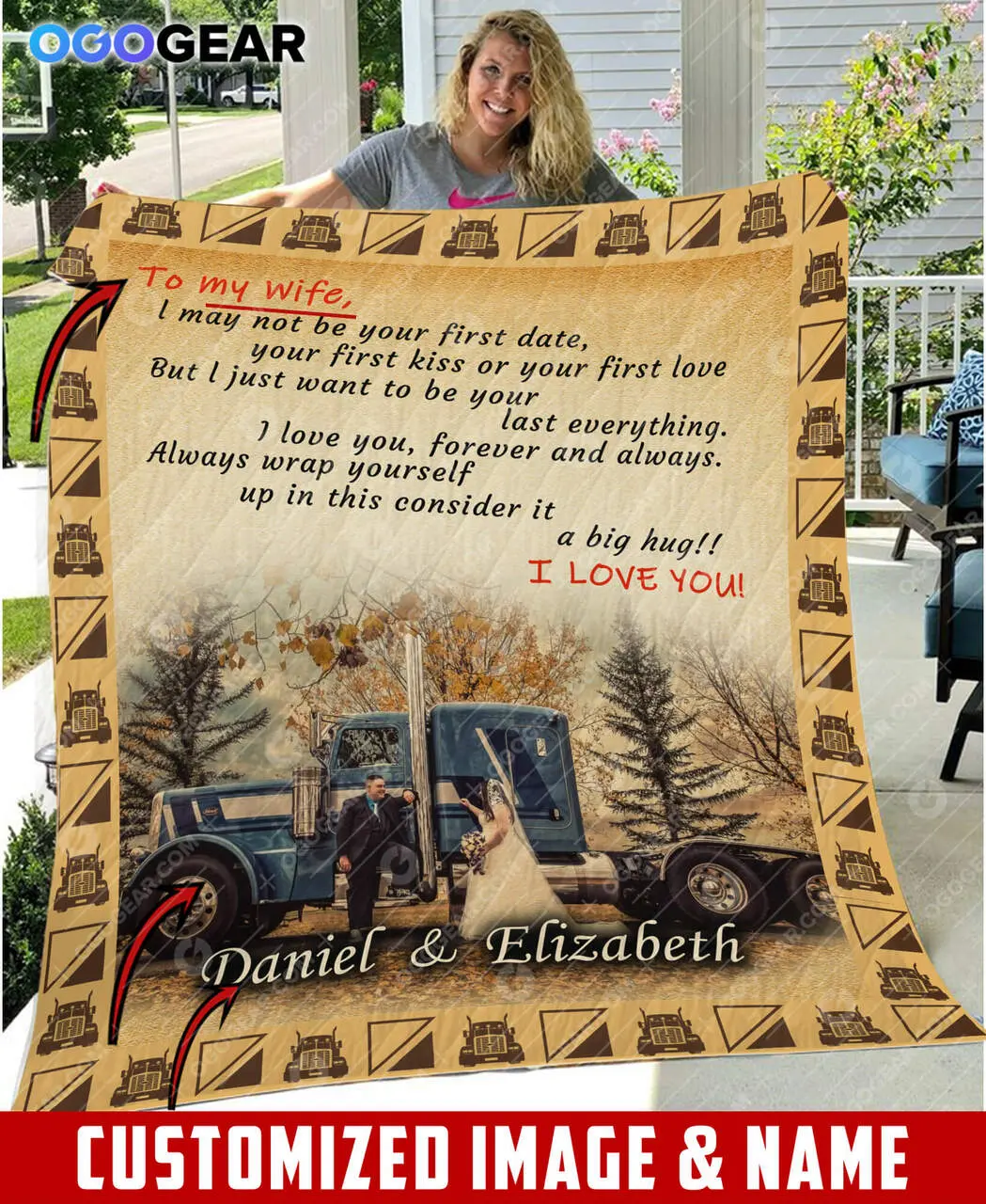 To My Wife Trucker Customized Name Image Quilt and Home Decor