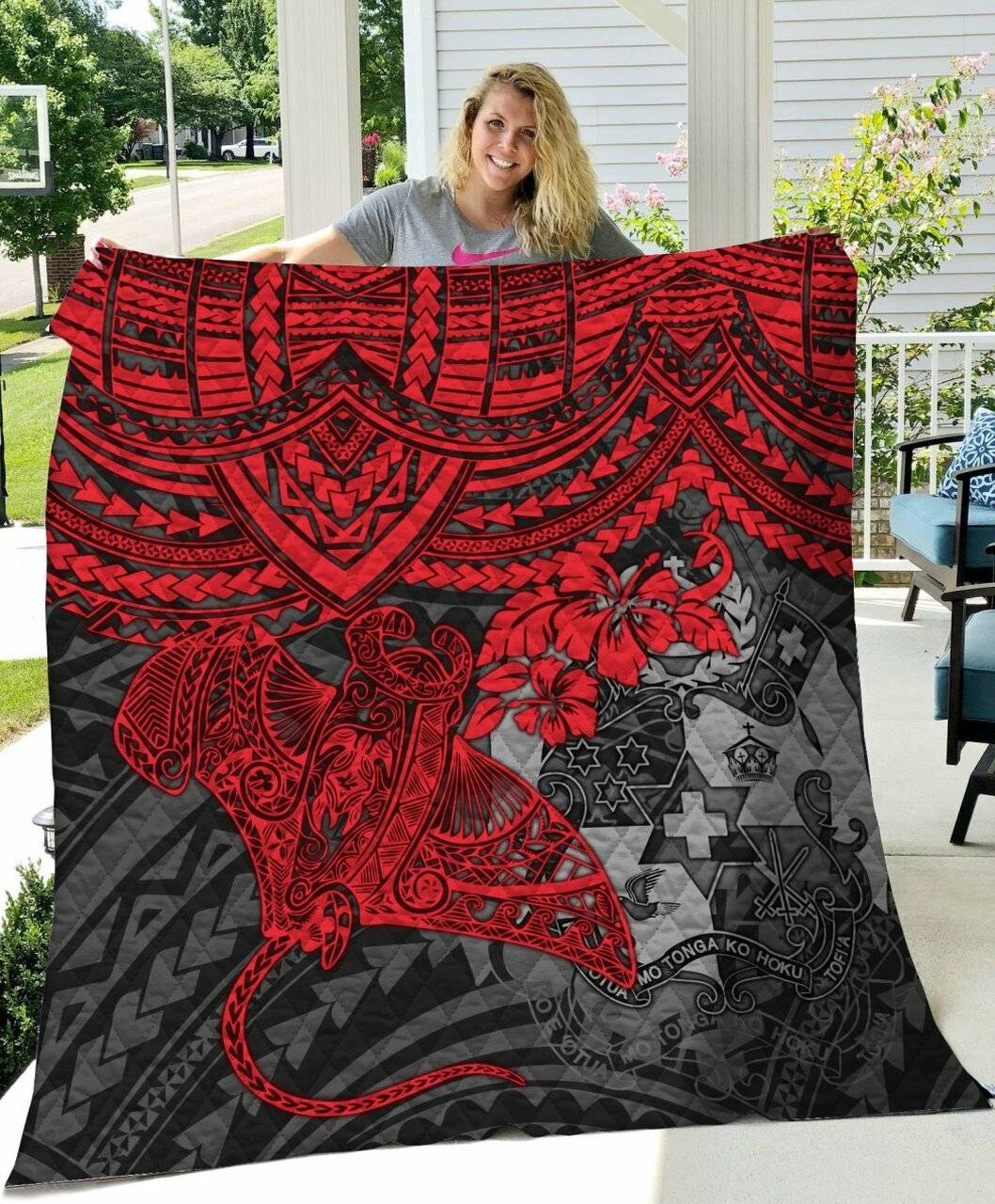 Tonga Polynesian Red Manta Ray Quilt All Over Printed and Home Decor