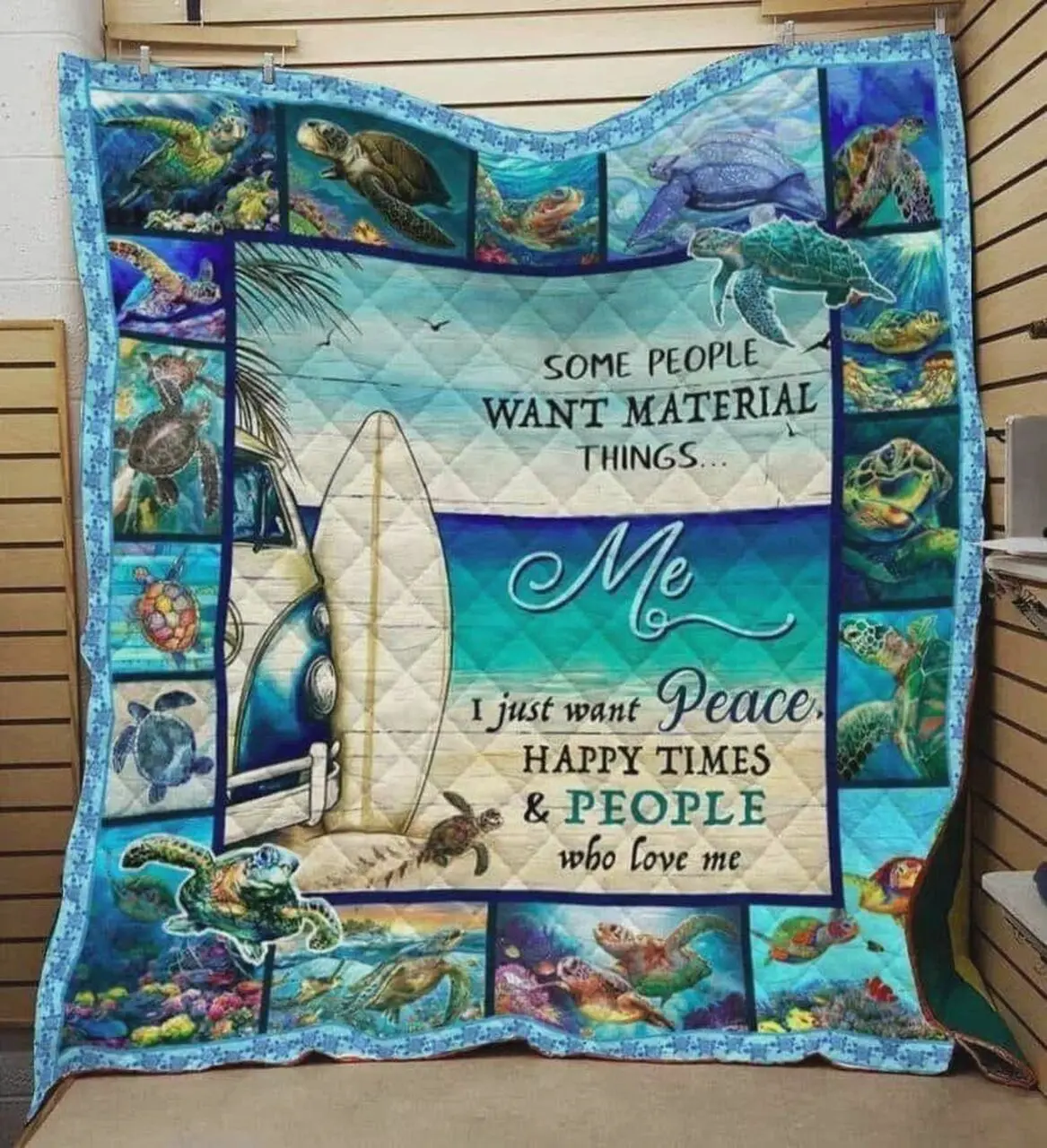 Tortoise Beach Some People Want Material Things Me I Just Want Peace Happy Time And People Who Love Me Quilt Blanket Great Customized Blanket Gifts For Birthday Christmas Thanksgiving and Home Decor