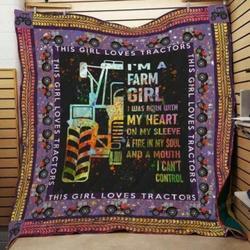 Tractor IM A Farm Girl I Was Born With Heart On My Sleeve Quilt Blanket Great Customized Blanket Gifts For Birthday Christmas Thanksgiving and Home Decor