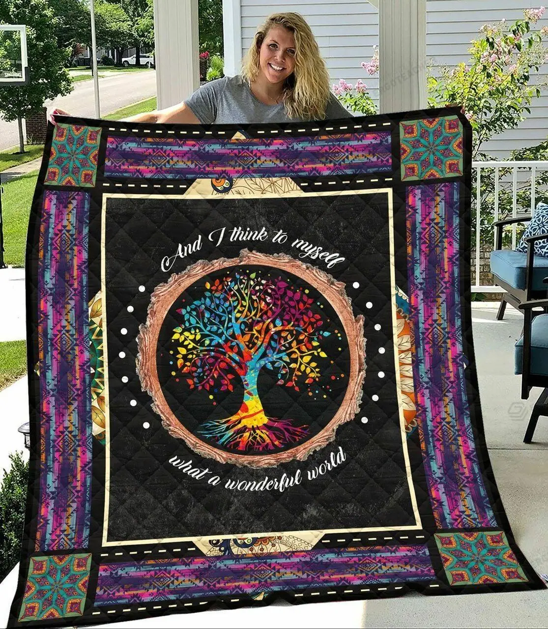 Tree Of Life And I Think To Myself What A Wonderful World Quilt Blanket Great Customized Blanket Gifts For Birthday Christmas Thanksgiving and Home Decor
