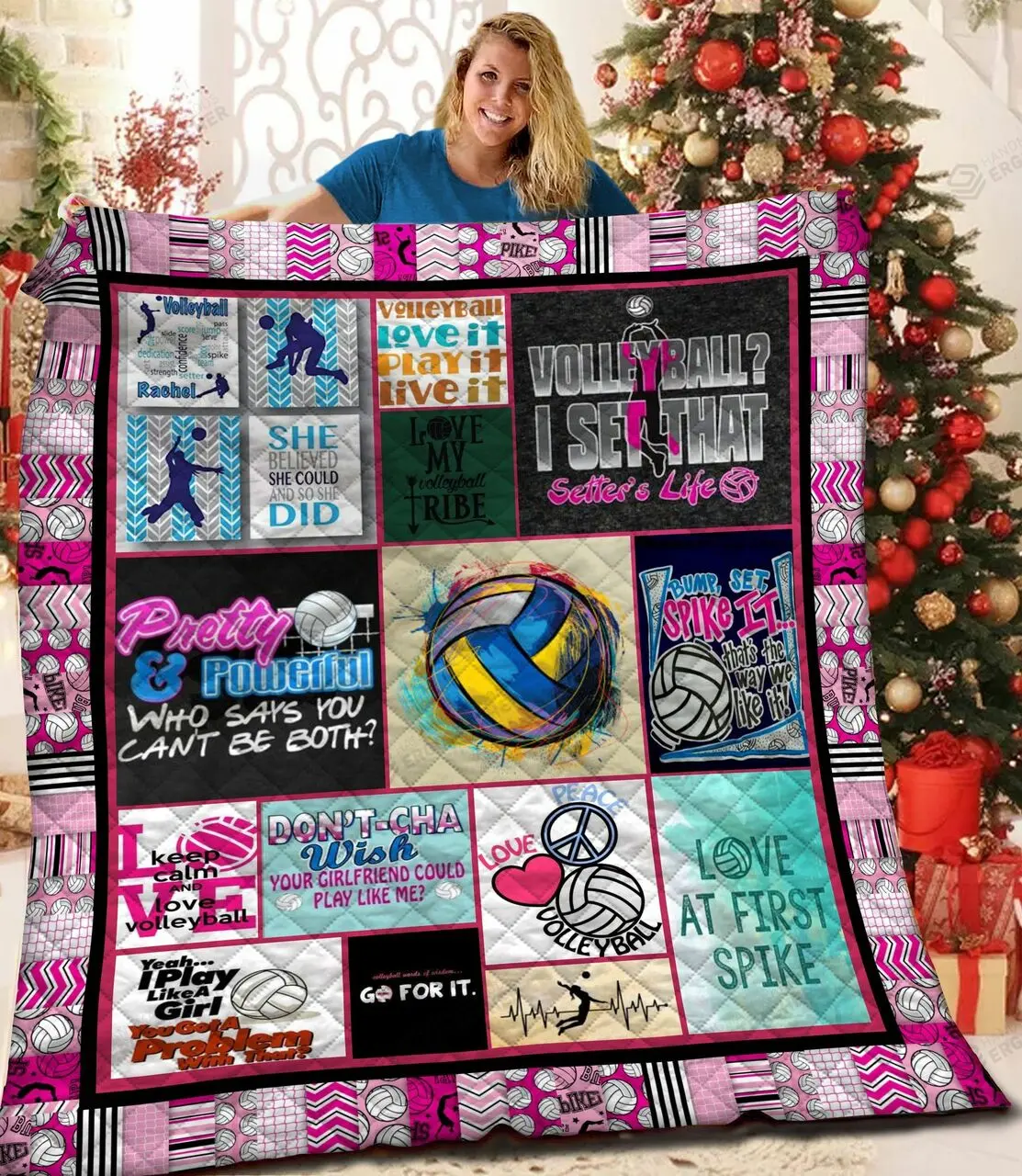 Volleyball Pretty And Powerful Who Says You Can Be Both Quilt Blanket Great Customized Blanket Gifts For Birthday Christmas Thanksgiving and Home Decor