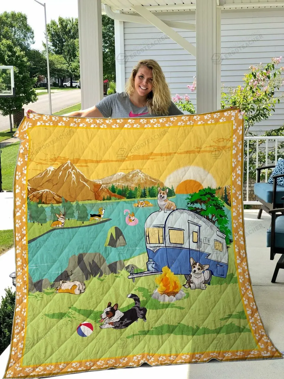 Welsh Corgi Go Camping By The River Quilt Blanket Great Customized Blanket Gifts For Birthday Christmas Thanksgiving and Home Decor