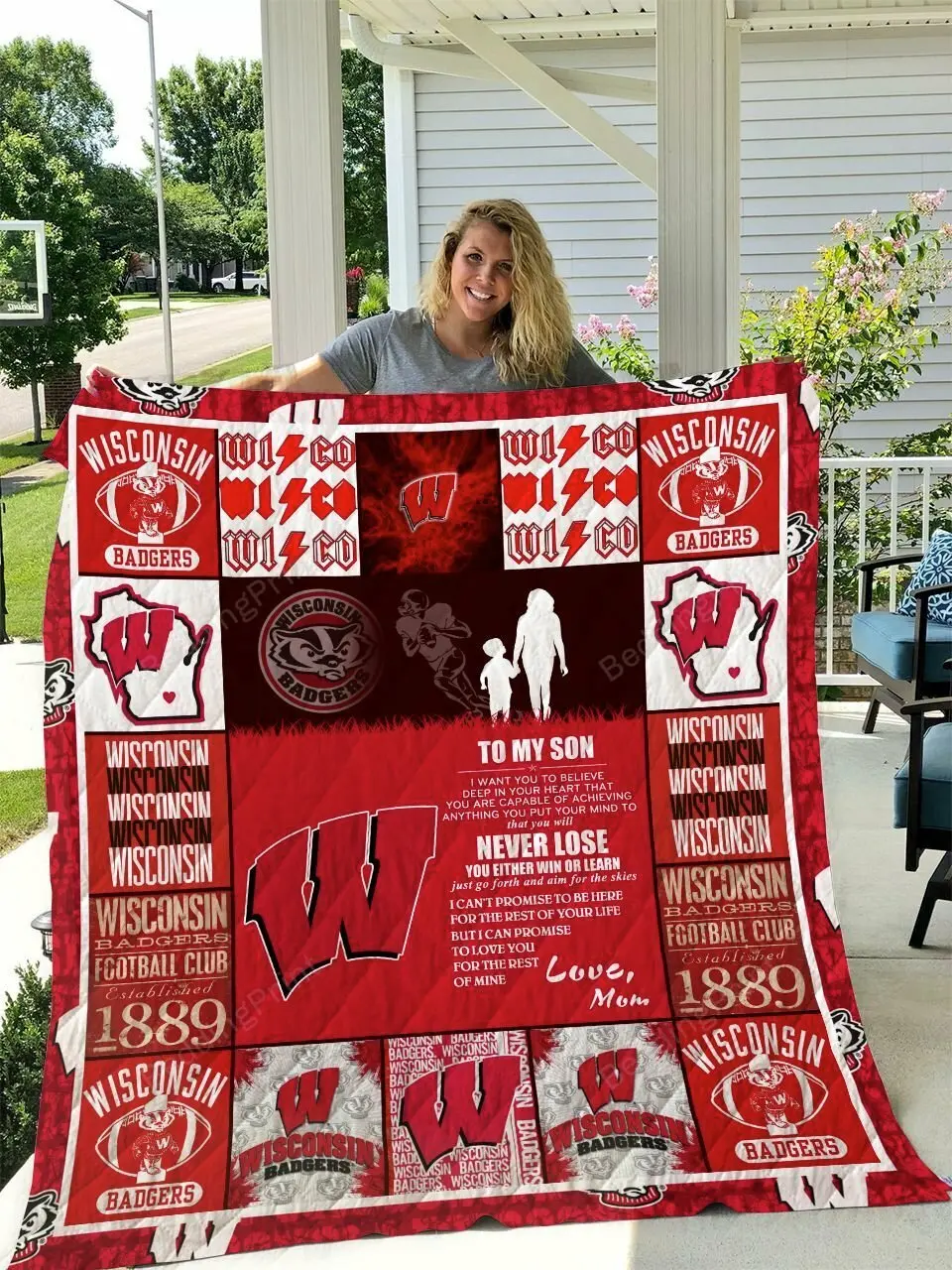Wisconsin Badgers To My Son Love Mom Quilt Blanket and Home Decor