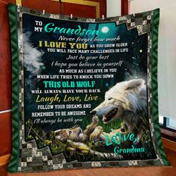 Wolf Grandson, Love Grandma Quilt Blanket and Home Decor