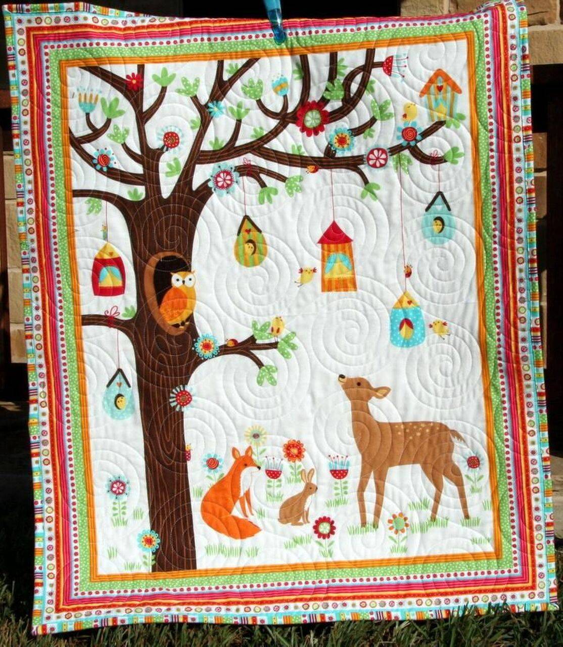 Woodland Forest Fox Deer Owls Quilt Blanket Dhc010236Lt and Home Decor