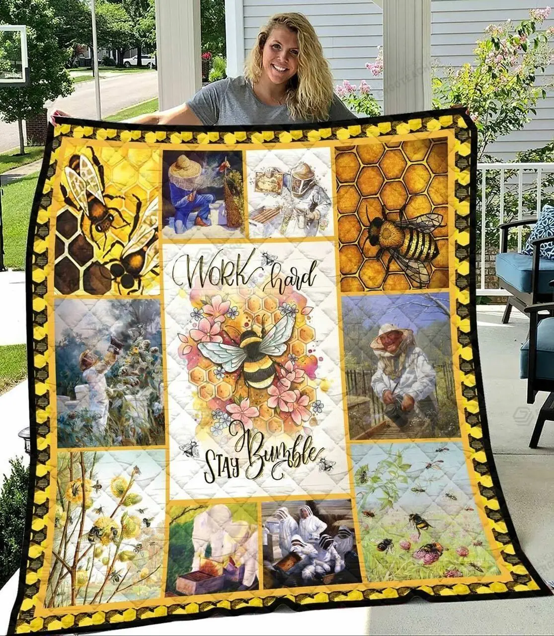 Work Hard And Stay Bumble Bee Quilt Blanket Great Customized Blanket Gifts For Birthday Christmas Thanksgiving and Home Decor