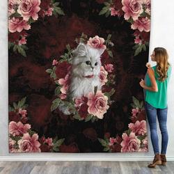 3D Cat And Flower Custom Name Quilt and Home Decor